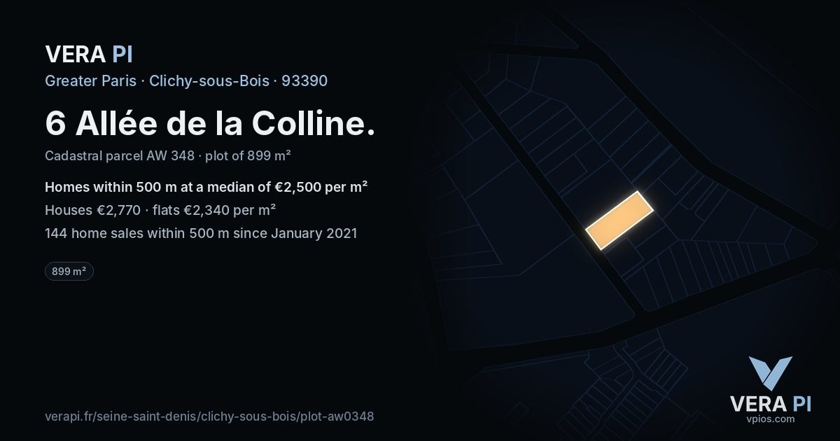 6 Allée de la Colline, Clichy-sous-Bois at night – the plot lit, the parcels around coloured by the prices near them
