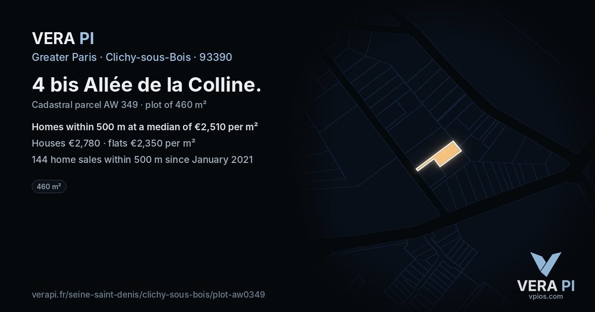 4 bis Allée de la Colline, Clichy-sous-Bois at night – the plot lit, the parcels around coloured by the prices near them