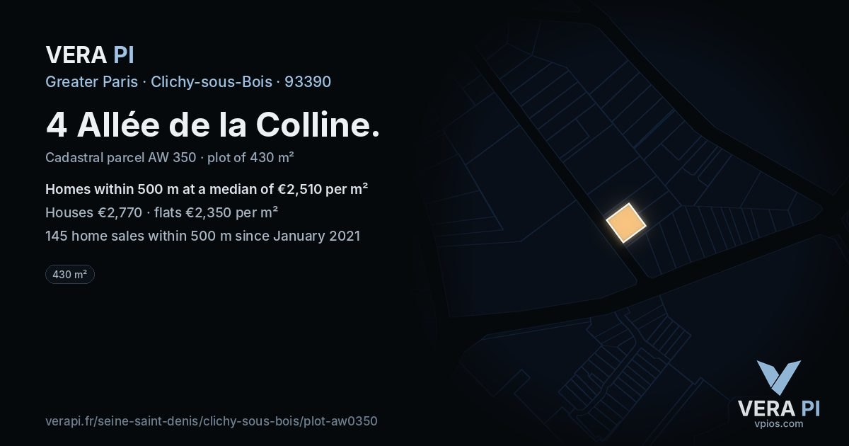 4 Allée de la Colline, Clichy-sous-Bois at night – the plot lit, the parcels around coloured by the prices near them