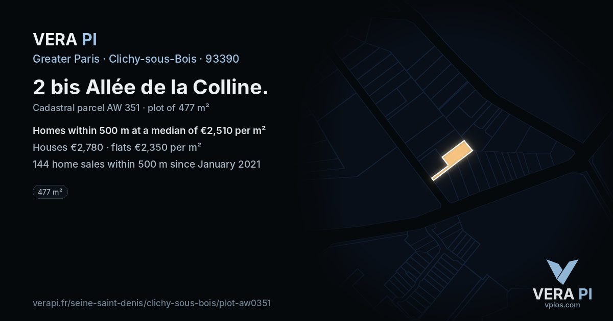 2 bis Allée de la Colline, Clichy-sous-Bois at night – the plot lit, the parcels around coloured by the prices near them