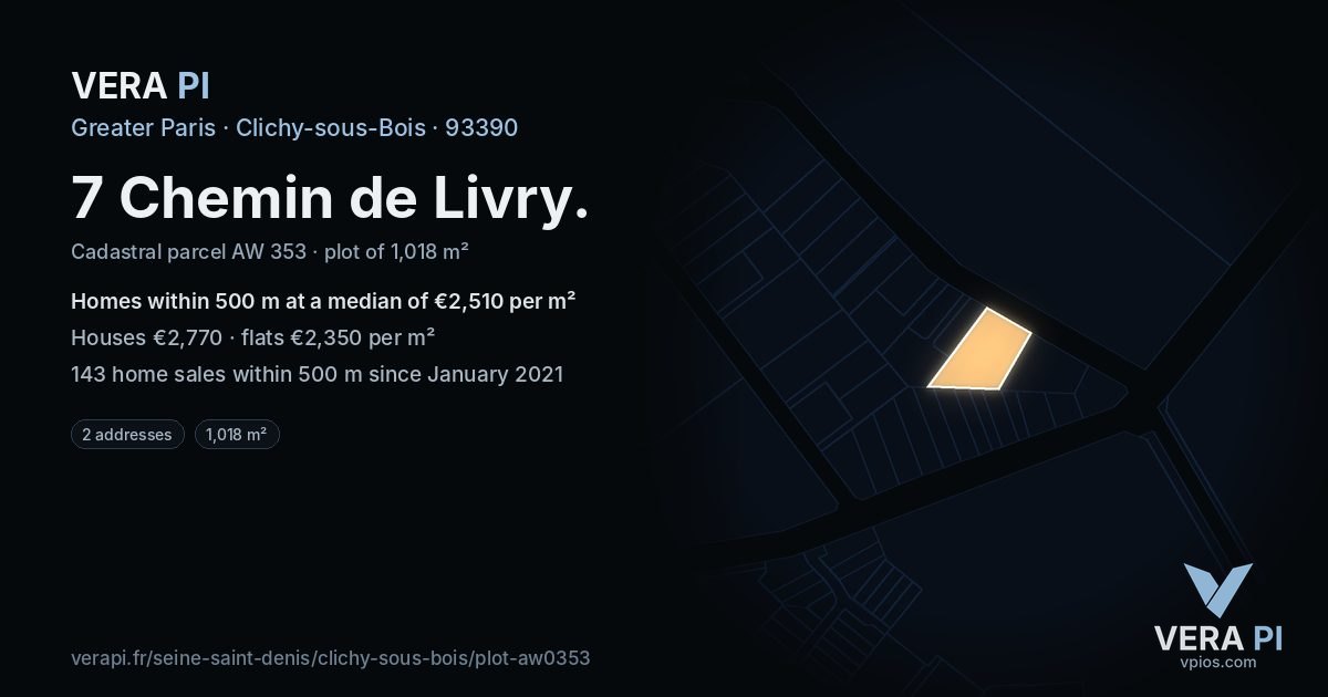 7 Chemin de Livry, Clichy-sous-Bois at night – the plot lit, the parcels around coloured by the prices near them