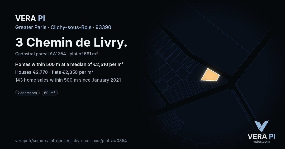 3 Chemin de Livry, Clichy-sous-Bois at night – the plot lit, the parcels around coloured by the prices near them