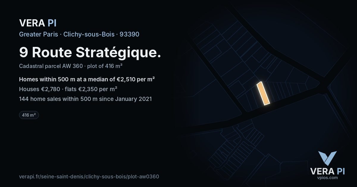 9 Route Stratégique, Clichy-sous-Bois at night – the plot lit, the parcels around coloured by the prices near them