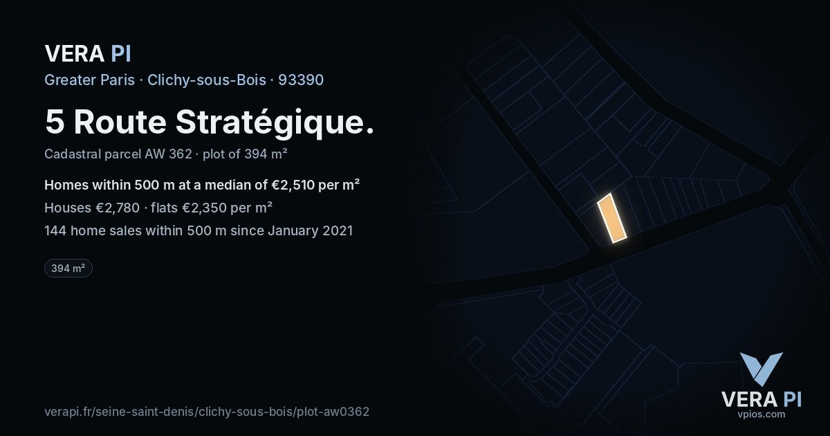 5 Route Stratégique, Clichy-sous-Bois at night – the plot lit, the parcels around coloured by the prices near them