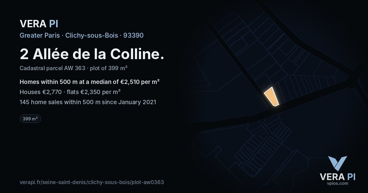 2 Allée de la Colline, Clichy-sous-Bois at night – the plot lit, the parcels around coloured by the prices near them