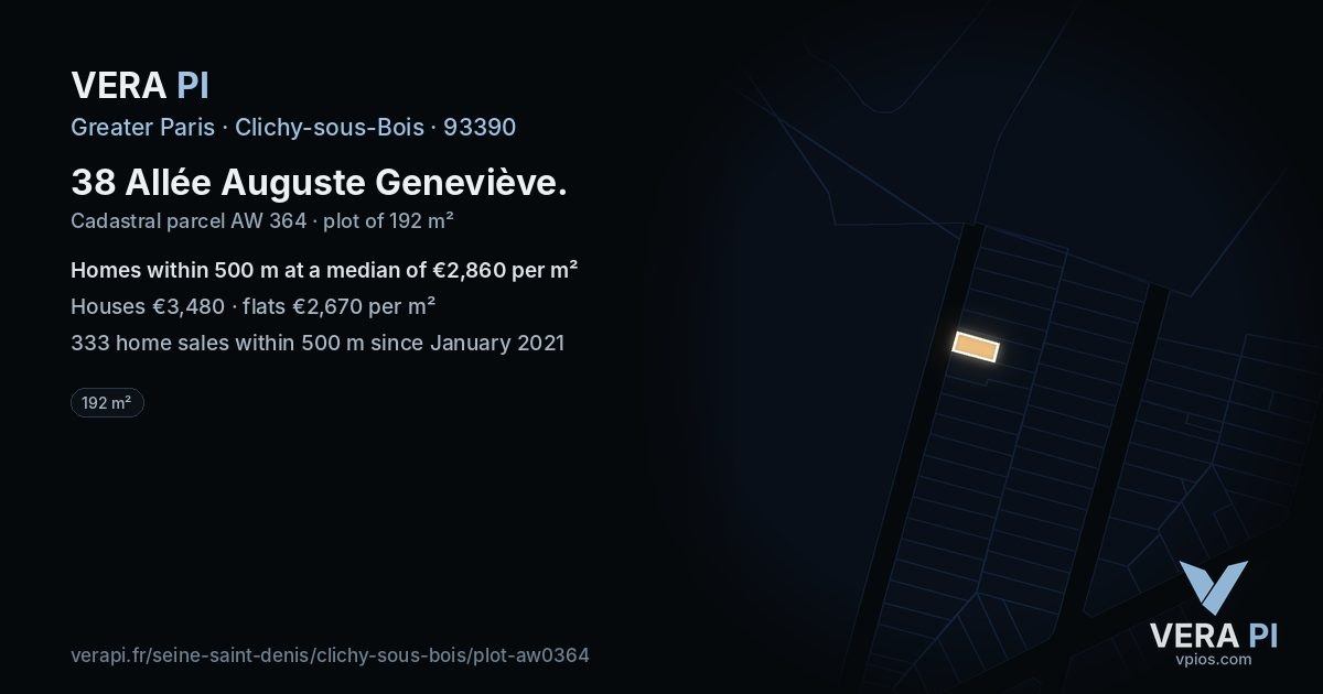 38 Allée Auguste Geneviève, Clichy-sous-Bois at night – the plot lit, the parcels around coloured by the prices near them