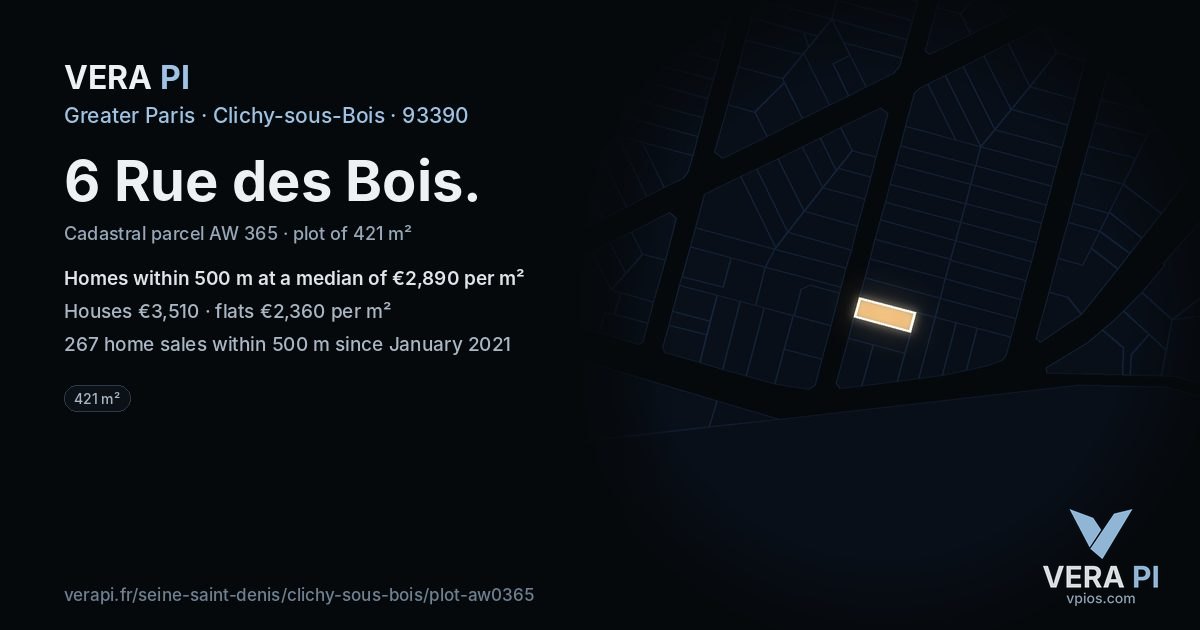 6 Rue des Bois, Clichy-sous-Bois at night – the plot lit, the parcels around coloured by the prices near them