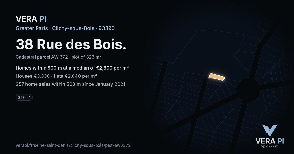 38 Rue des Bois, Clichy-sous-Bois at night – the plot lit, the parcels around coloured by the prices near them