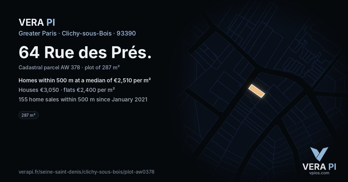 64 Rue des Prés, Clichy-sous-Bois at night – the plot lit, the parcels around coloured by the prices near them
