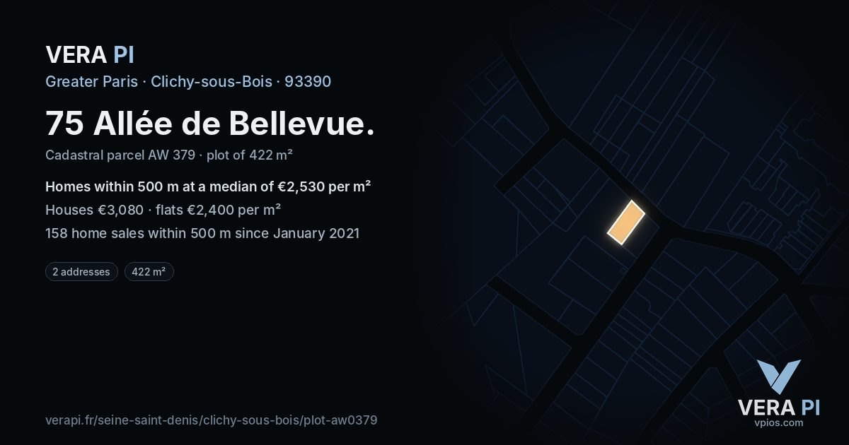 75 Allée de Bellevue, Clichy-sous-Bois at night – the plot lit, the parcels around coloured by the prices near them