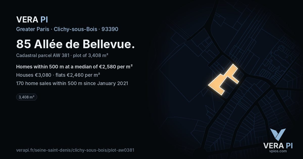 85 Allée de Bellevue, Clichy-sous-Bois at night – the plot lit, the parcels around coloured by the prices near them