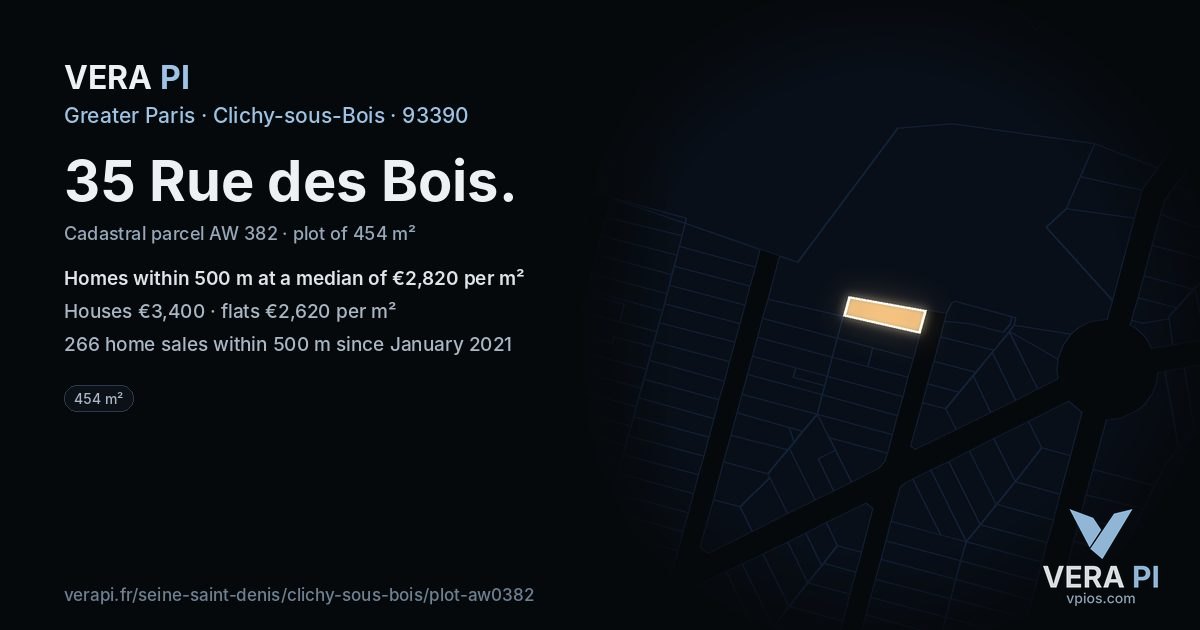 35 Rue des Bois, Clichy-sous-Bois at night – the plot lit, the parcels around coloured by the prices near them