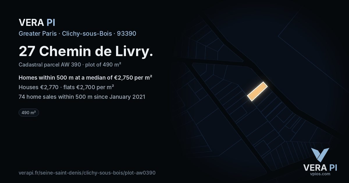 27 Chemin de Livry, Clichy-sous-Bois at night – the plot lit, the parcels around coloured by the prices near them