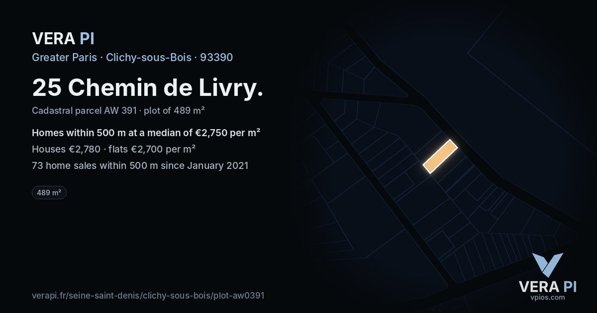 25 Chemin de Livry, Clichy-sous-Bois at night – the plot lit, the parcels around coloured by the prices near them