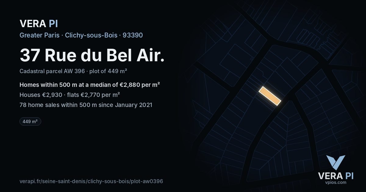37 Rue du Bel Air, Clichy-sous-Bois at night – the plot lit, the parcels around coloured by the prices near them