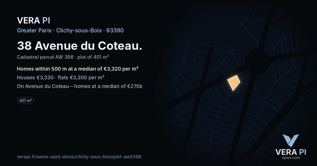 38 Avenue du Coteau, Clichy-sous-Bois at night – the plot lit, the parcels around coloured by the prices near them