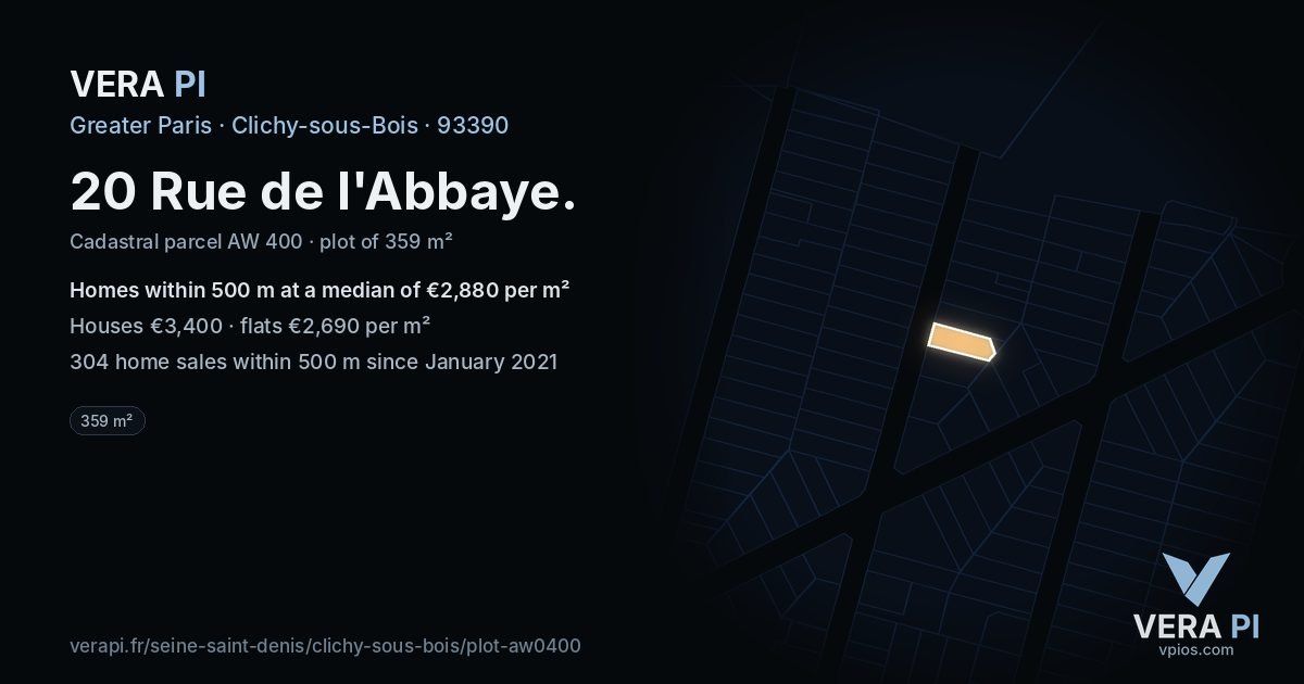 20 Rue de l'Abbaye, Clichy-sous-Bois at night – the plot lit, the parcels around coloured by the prices near them