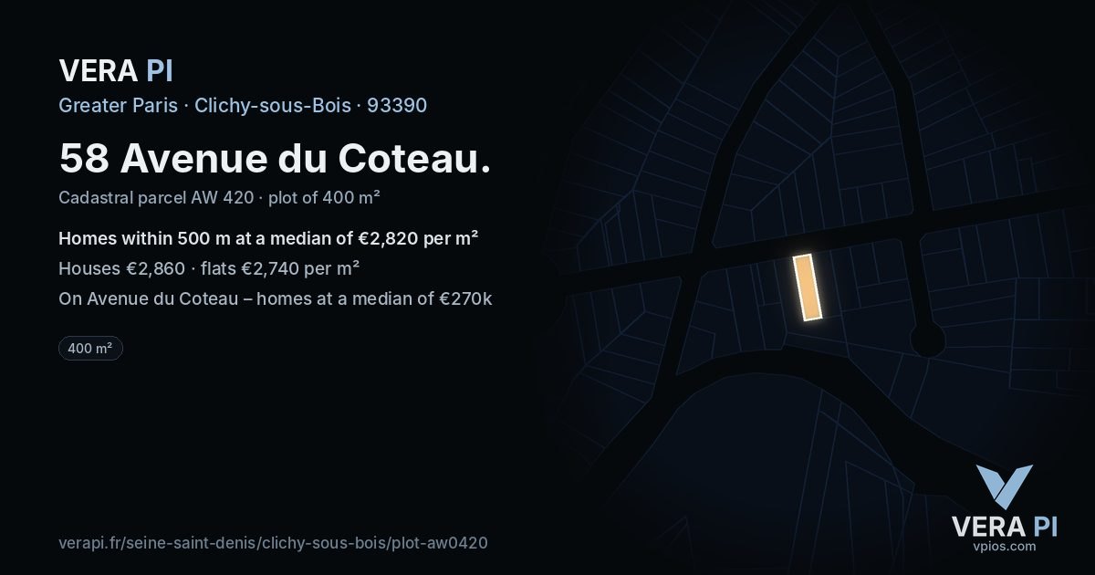 58 Avenue du Coteau, Clichy-sous-Bois at night – the plot lit, the parcels around coloured by the prices near them