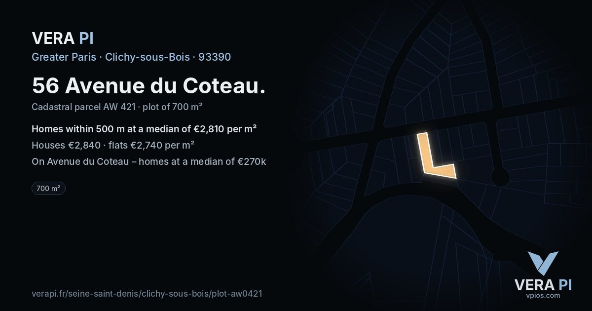 56 Avenue du Coteau, Clichy-sous-Bois at night – the plot lit, the parcels around coloured by the prices near them