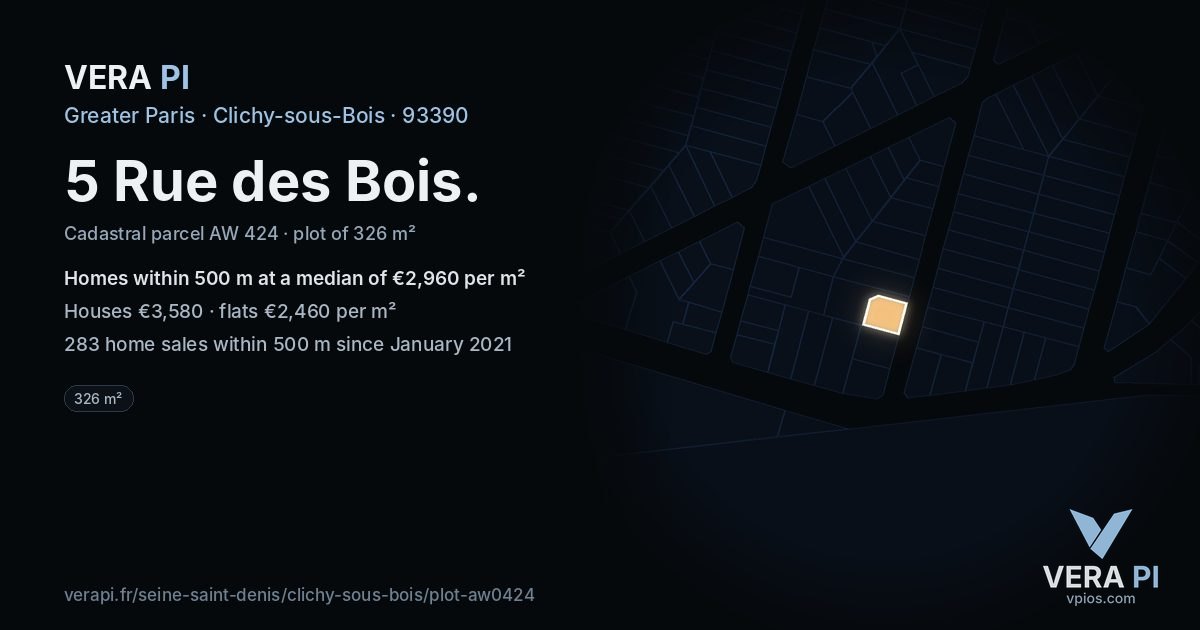 5 Rue des Bois, Clichy-sous-Bois at night – the plot lit, the parcels around coloured by the prices near them