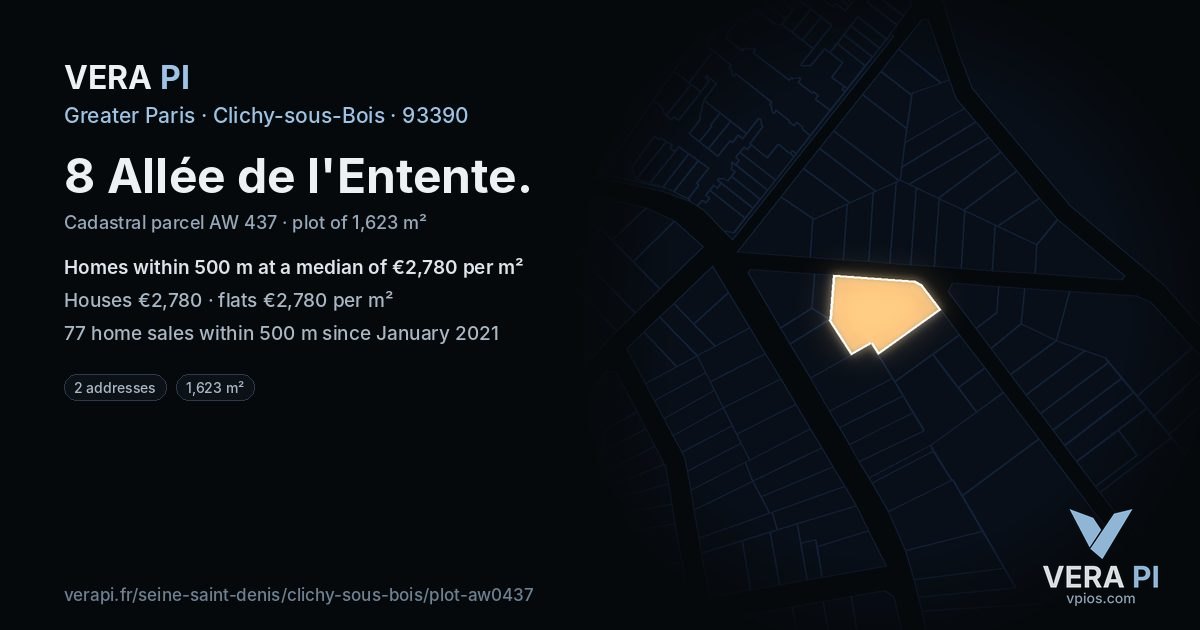 8 Allée de l'Entente, Clichy-sous-Bois at night – the plot lit, the parcels around coloured by the prices near them