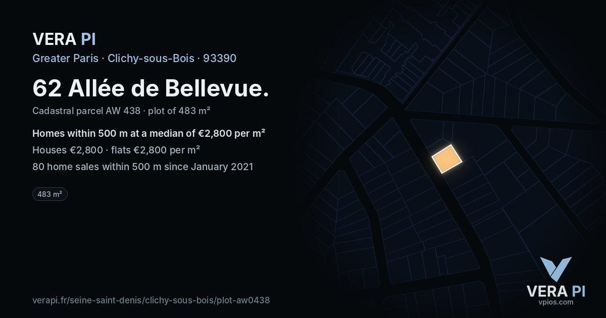 62 Allée de Bellevue, Clichy-sous-Bois at night – the plot lit, the parcels around coloured by the prices near them