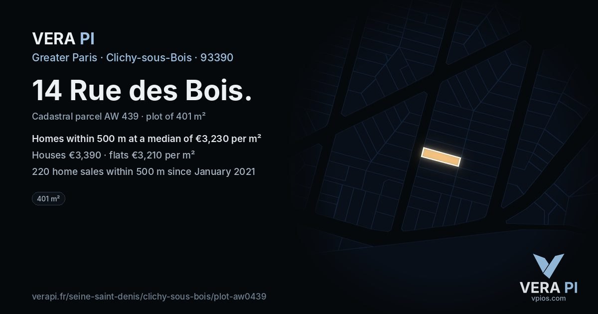 14 Rue des Bois, Clichy-sous-Bois at night – the plot lit, the parcels around coloured by the prices near them