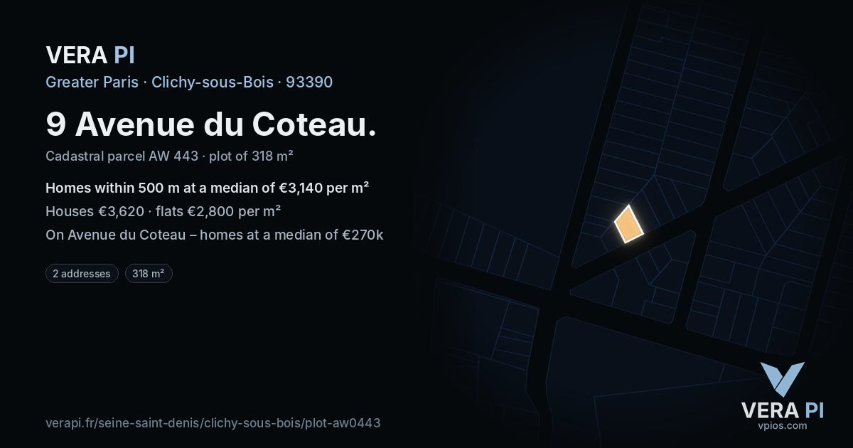 9 Avenue du Coteau, Clichy-sous-Bois at night – the plot lit, the parcels around coloured by the prices near them