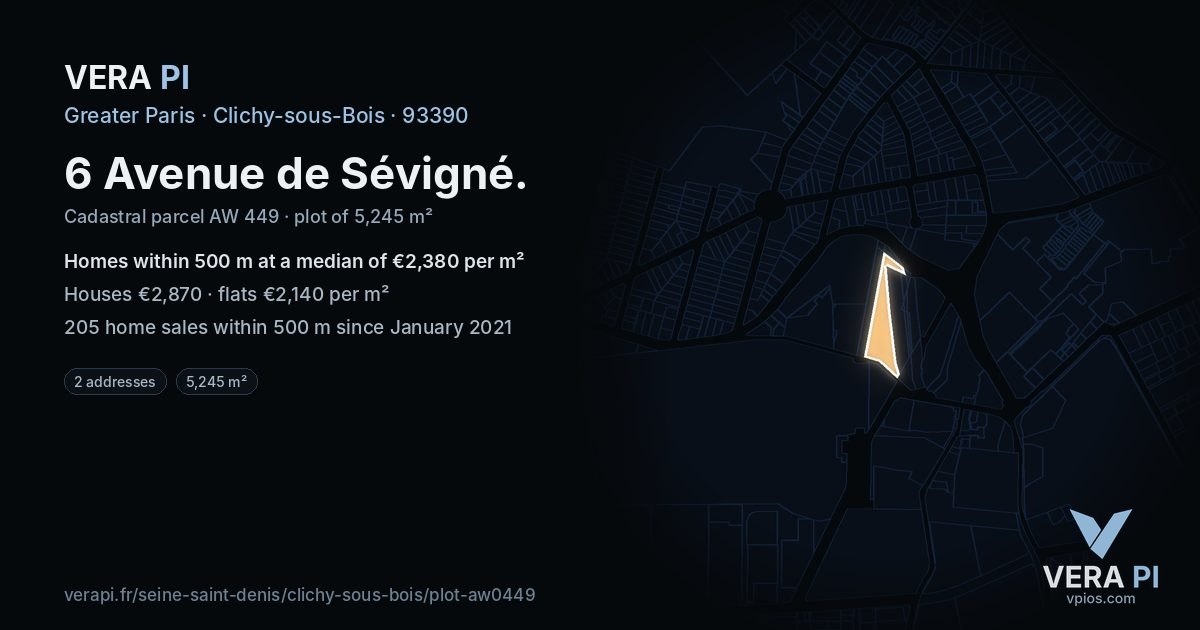 6 Avenue de Sévigné, Clichy-sous-Bois at night – the plot lit, the parcels around coloured by the prices near them