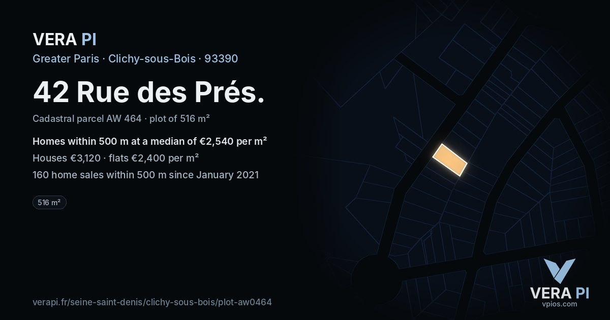 42 Rue des Prés, Clichy-sous-Bois at night – the plot lit, the parcels around coloured by the prices near them