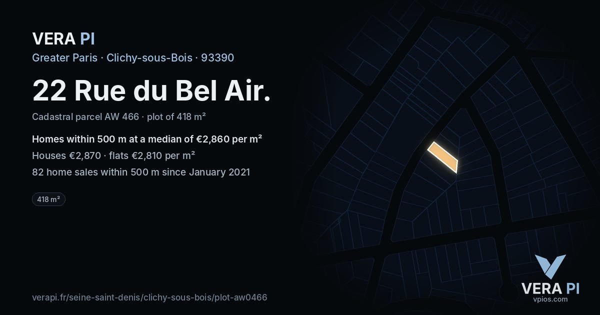 22 Rue du Bel Air, Clichy-sous-Bois at night – the plot lit, the parcels around coloured by the prices near them