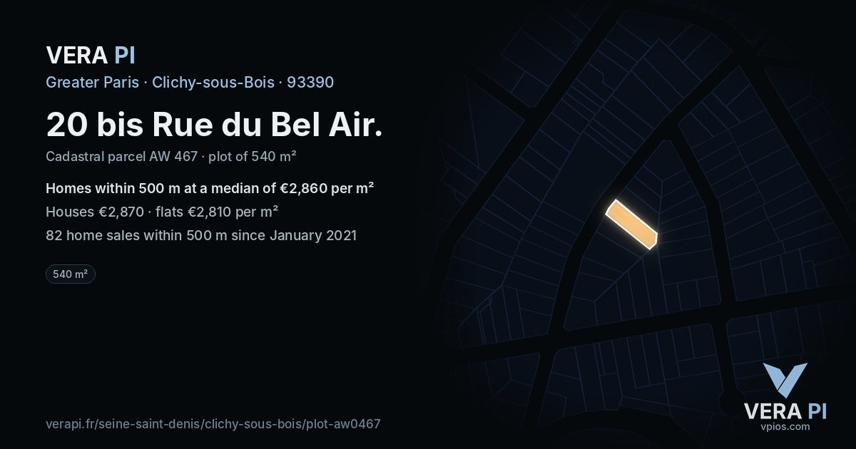 20 bis Rue du Bel Air, Clichy-sous-Bois at night – the plot lit, the parcels around coloured by the prices near them