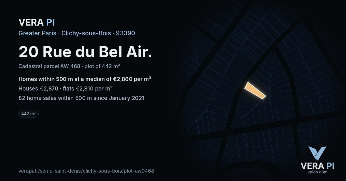 20 Rue du Bel Air, Clichy-sous-Bois at night – the plot lit, the parcels around coloured by the prices near them