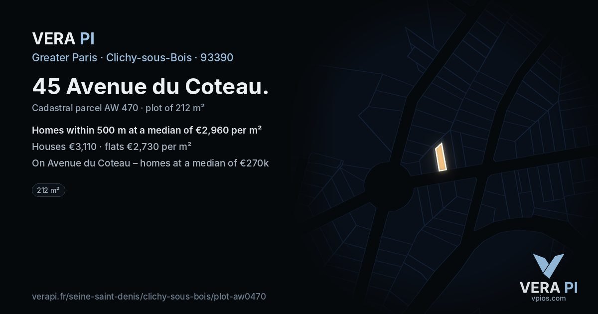 45 Avenue du Coteau, Clichy-sous-Bois at night – the plot lit, the parcels around coloured by the prices near them