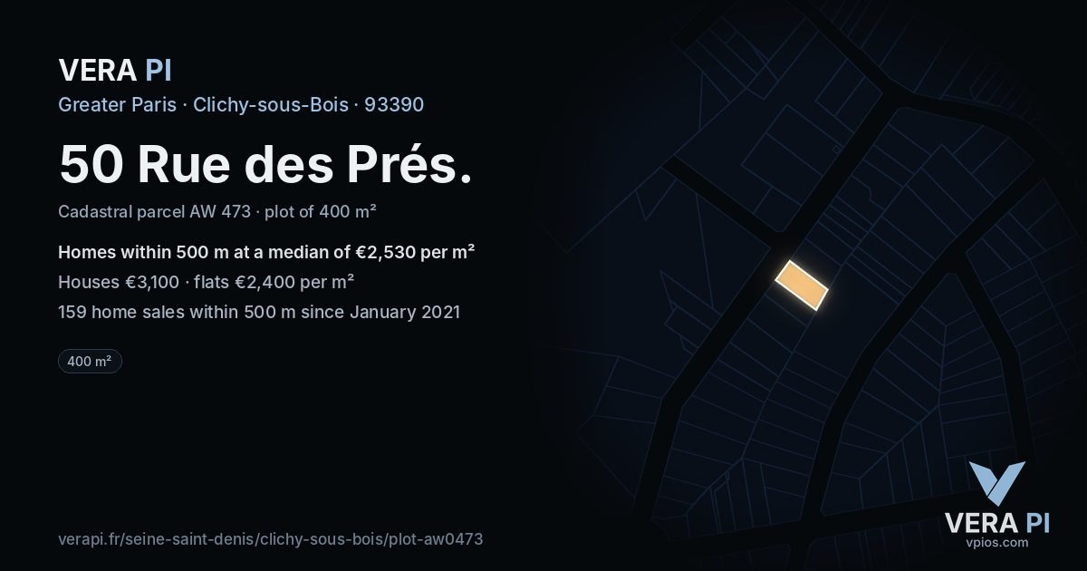 50 Rue des Prés, Clichy-sous-Bois at night – the plot lit, the parcels around coloured by the prices near them