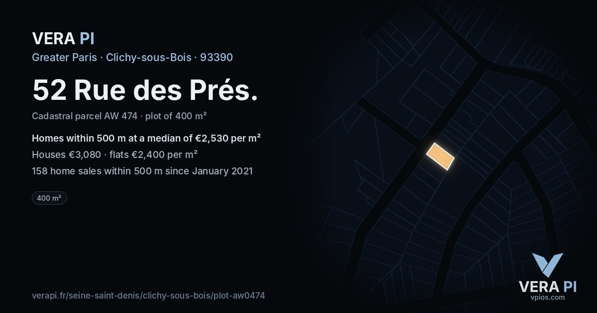 52 Rue des Prés, Clichy-sous-Bois at night – the plot lit, the parcels around coloured by the prices near them