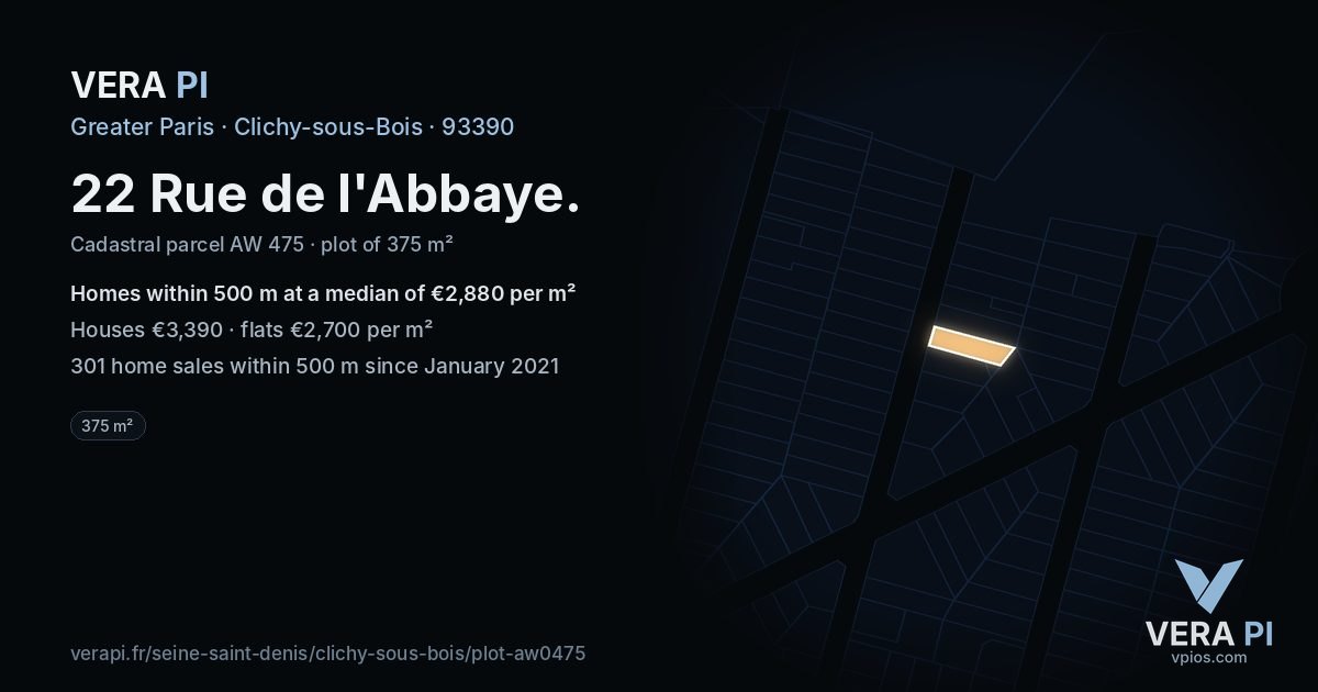 22 Rue de l'Abbaye, Clichy-sous-Bois at night – the plot lit, the parcels around coloured by the prices near them