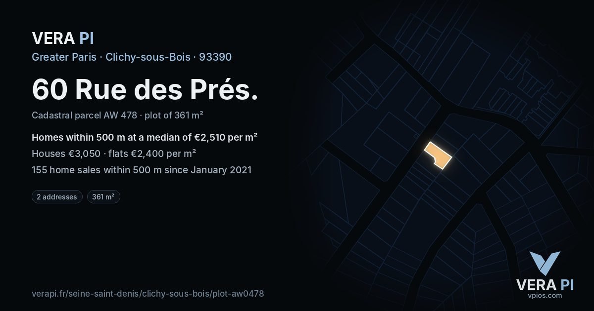 60 Rue des Prés, Clichy-sous-Bois at night – the plot lit, the parcels around coloured by the prices near them