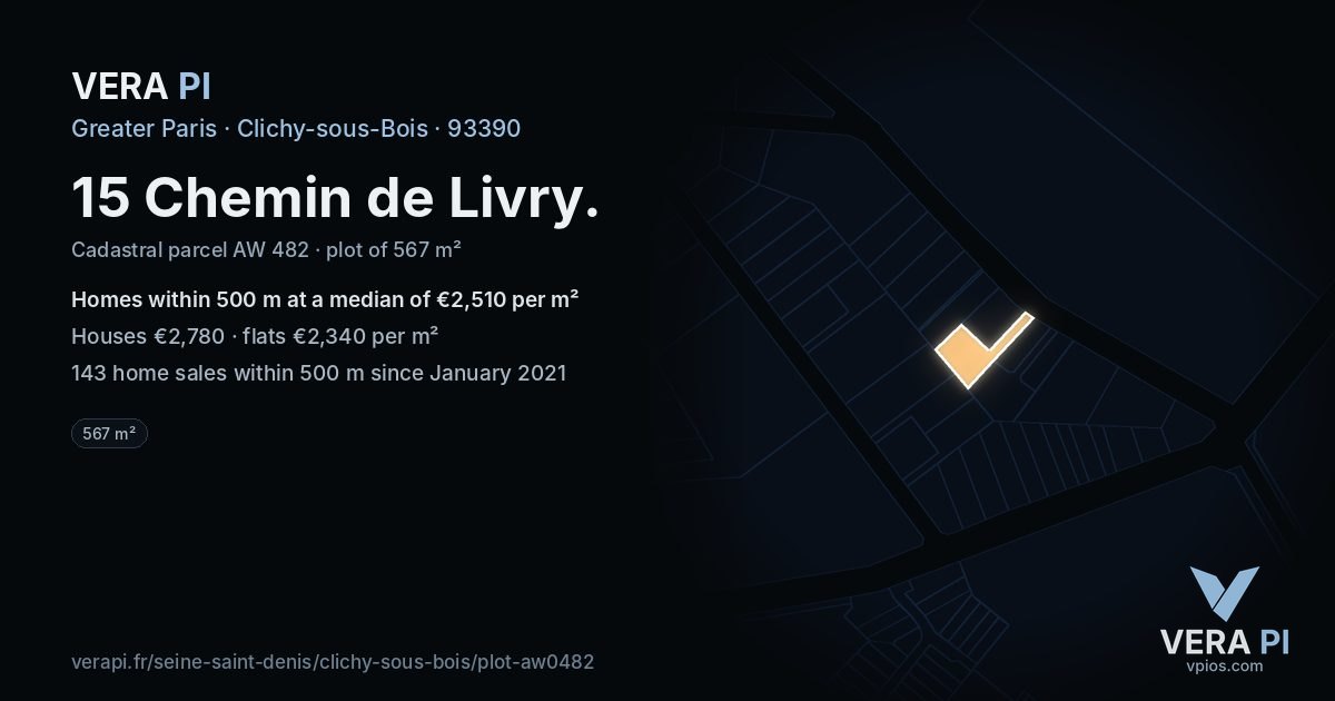 15 Chemin de Livry, Clichy-sous-Bois at night – the plot lit, the parcels around coloured by the prices near them