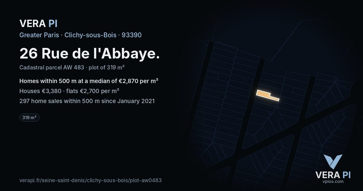 26 Rue de l'Abbaye, Clichy-sous-Bois at night – the plot lit, the parcels around coloured by the prices near them