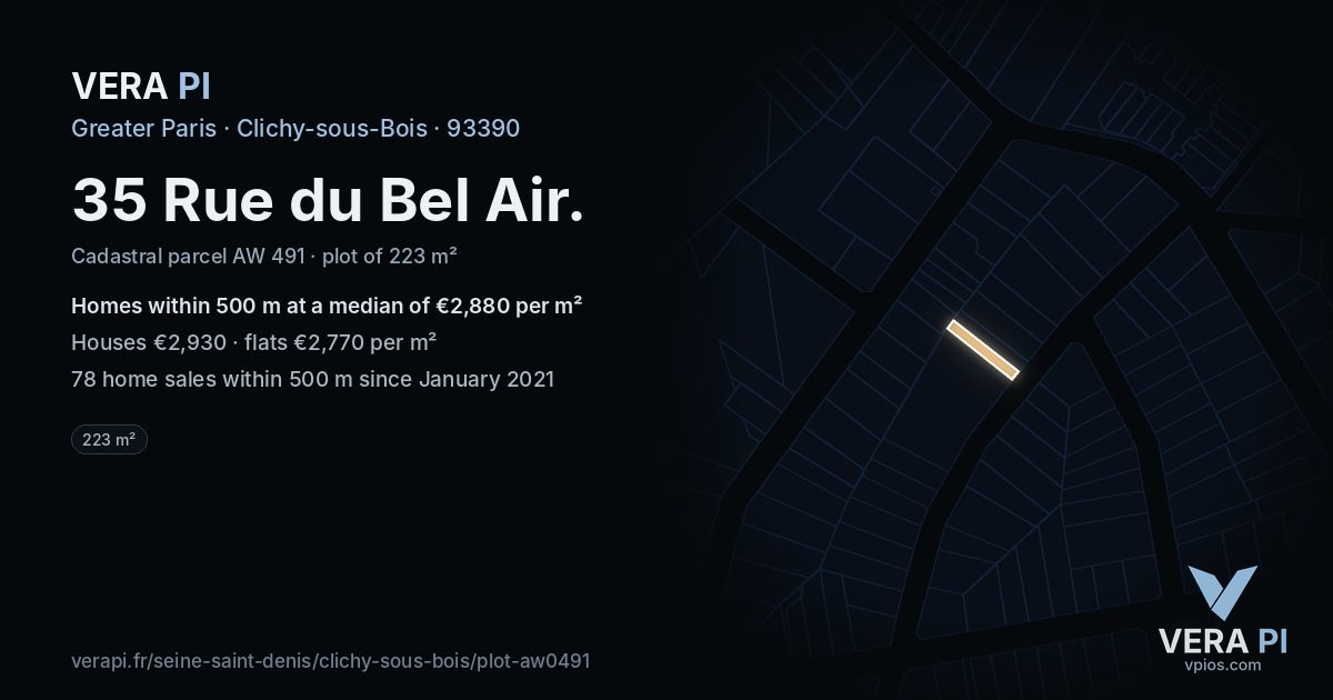 35 Rue du Bel Air, Clichy-sous-Bois at night – the plot lit, the parcels around coloured by the prices near them