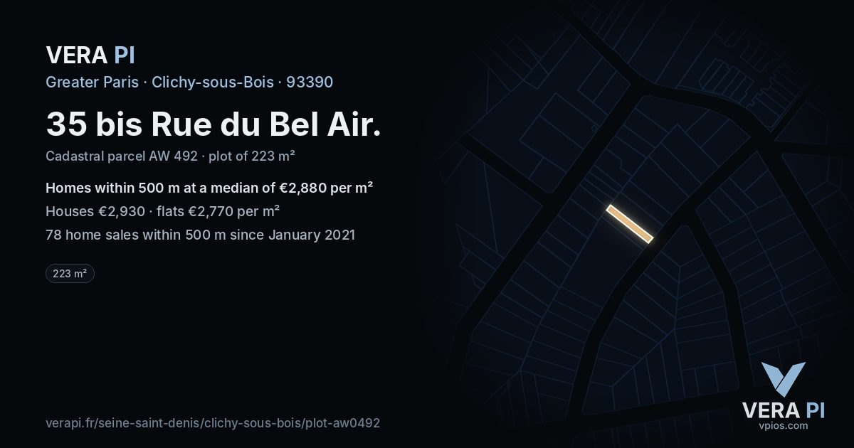 35 bis Rue du Bel Air, Clichy-sous-Bois at night – the plot lit, the parcels around coloured by the prices near them