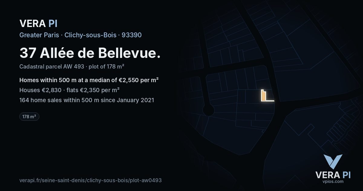 37 Allée de Bellevue, Clichy-sous-Bois at night – the plot lit, the parcels around coloured by the prices near them