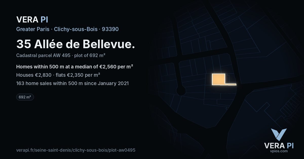 35 Allée de Bellevue, Clichy-sous-Bois at night – the plot lit, the parcels around coloured by the prices near them