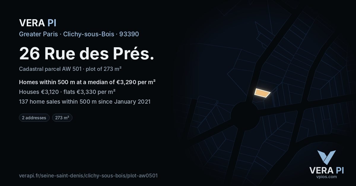 26 Rue des Prés, Clichy-sous-Bois at night – the plot lit, the parcels around coloured by the prices near them
