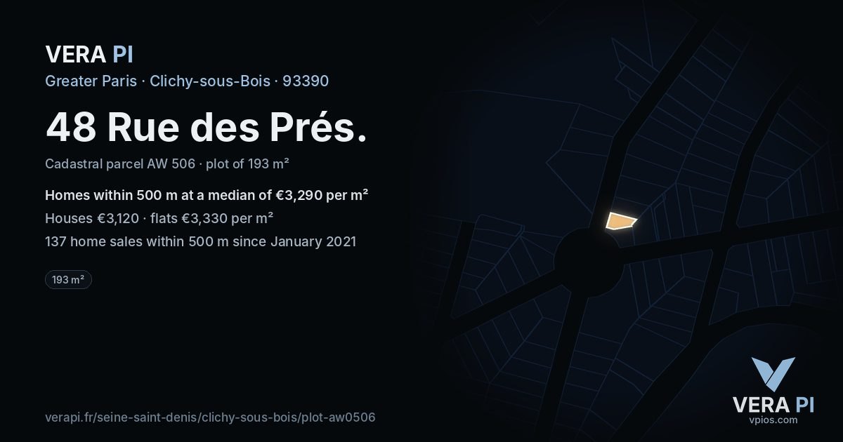 48 Rue des Prés, Clichy-sous-Bois at night – the plot lit, the parcels around coloured by the prices near them