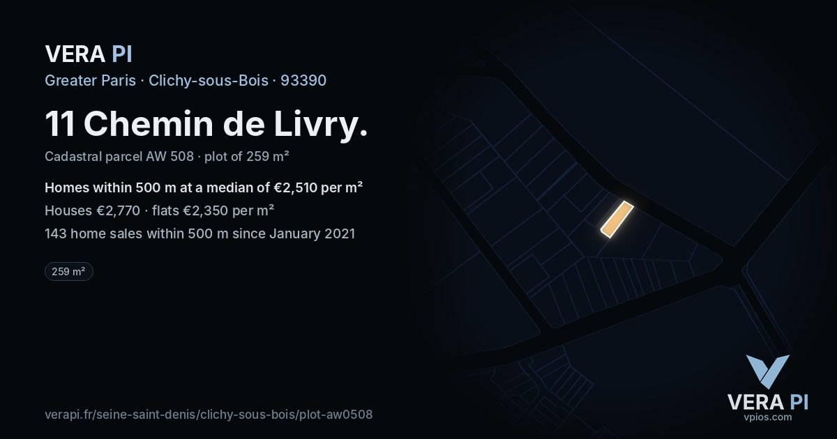 11 Chemin de Livry, Clichy-sous-Bois at night – the plot lit, the parcels around coloured by the prices near them