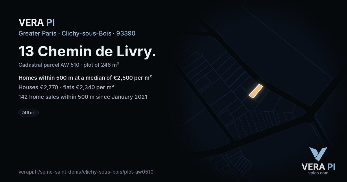 13 Chemin de Livry, Clichy-sous-Bois at night – the plot lit, the parcels around coloured by the prices near them