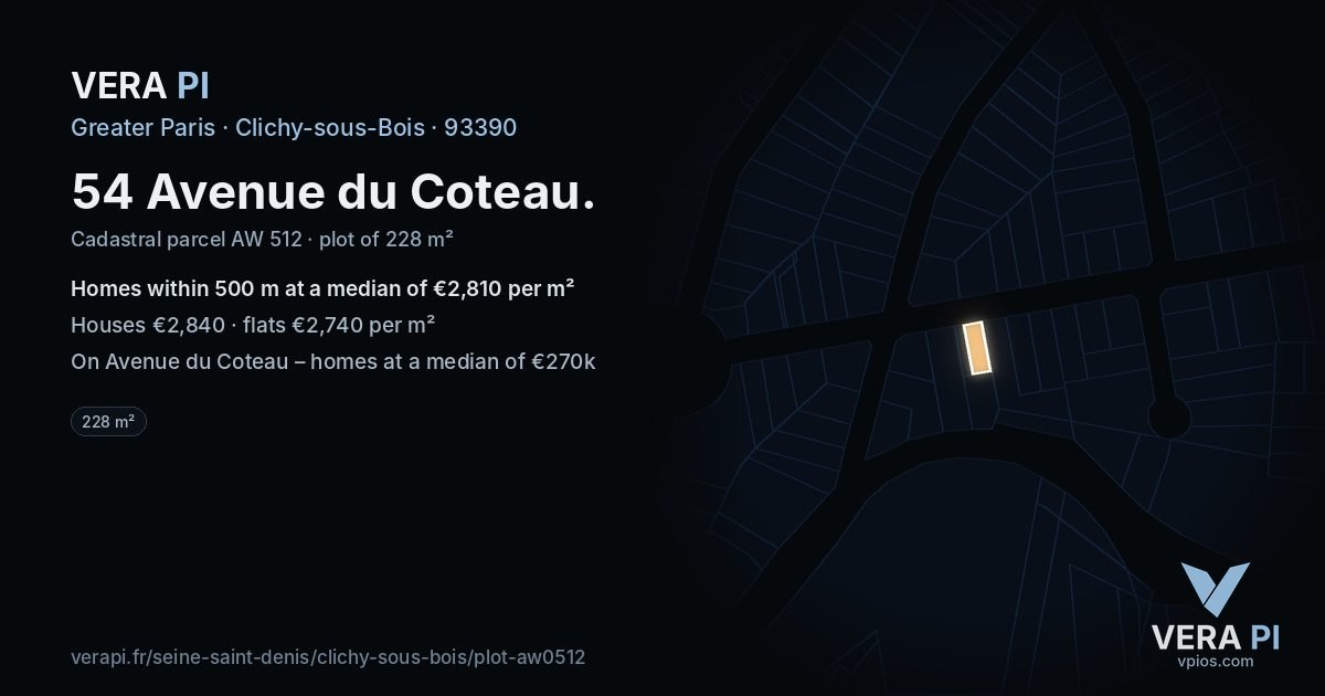 54 Avenue du Coteau, Clichy-sous-Bois at night – the plot lit, the parcels around coloured by the prices near them