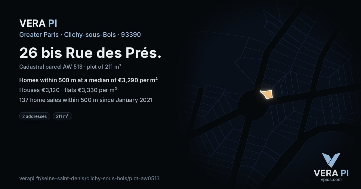 26 bis Rue des Prés, Clichy-sous-Bois at night – the plot lit, the parcels around coloured by the prices near them